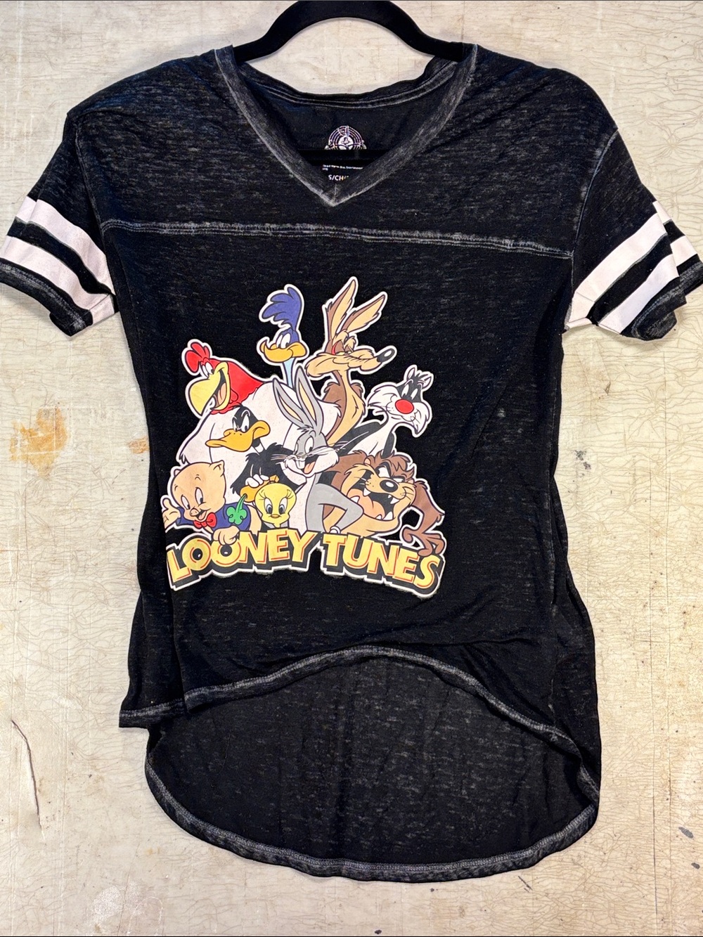 Looney Tunes Black Short Sleeve Graphic Tee with White Sleeve Stripes